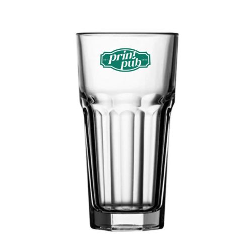 Latte Macchiato hoch 30 cl. (137mm), mit einfarbigem PrintPub-Logo auf der Vorderseite.