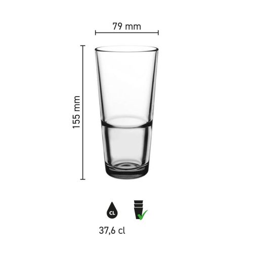 Infografik mit den Abmessungen des Latte Macchiato-Stapels Grande S Glas 37,6 cl, einschließlich Durchmesser. Infografik mit den Abmessungen des Latte Macchiato-Stapels Grande S Glas 37,6 cl, einschließlich Durchmesser.