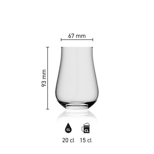 Maße des Lauren Glas 20 cl. Glas mit Höhe, Durchmesser und Fassungsvermögen in einer Infografik
