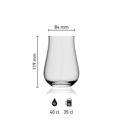 Maße des Lauren Glas 40 cl. mit Höhe, Durchmesser und Fassungsvermögen in einer Infografik