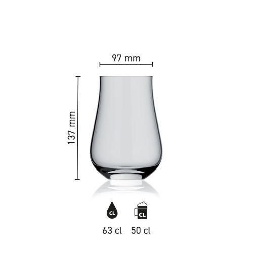 Maße des Lauren Glas 63 cl. in transparentes Glas mit Höhe, Durchmesser und Fassungsvermögen in einer Infografik
