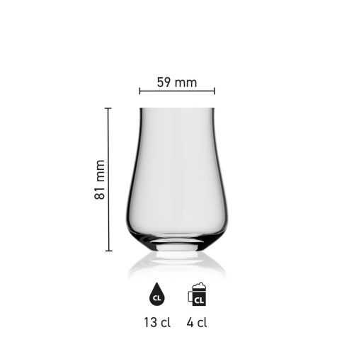 Maße des Lauren tasting glas 13 cl. mit Höhe, Durchmesser und Fassungsvermögen in einer Infografik