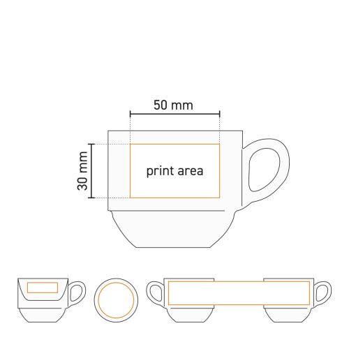 Die technische Zeichnung zeigt die bedruckbare Fläche der Porzellan-Kaffeetasse Legio 16 cl. Die technische Zeichnung zeigt die bedruckbare Fläche der Porzellan-Kaffeetasse Legio 16 cl.