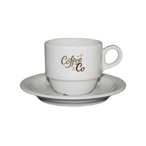 Legio Kaffee weiß 16 cl. SET mit mehrfarbigem Logo von CoffeeCo auf der Vorderseite sichtbar.