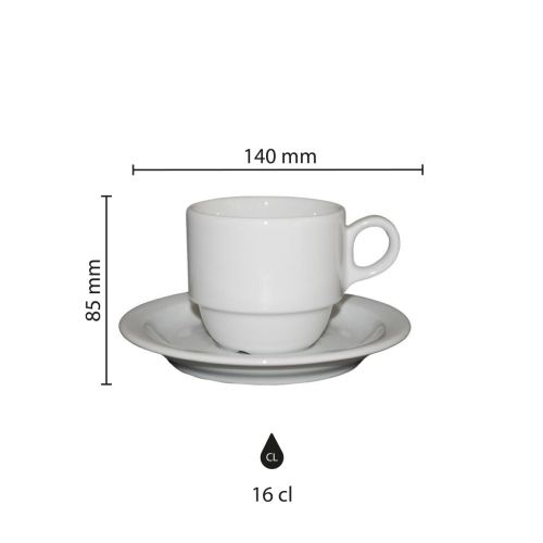 Die Infografik zeigt die genauen Abmessungen von Die Infografik zeigt die genauen Abmessungen von Legio Coffee weißes Porzellan Tassenset von 16 cl.