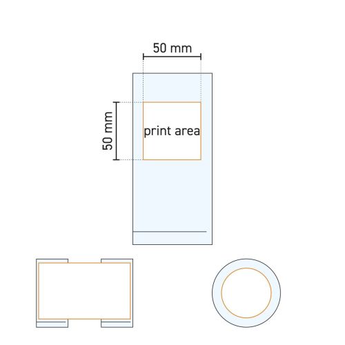 Technische Arbeitszeichnung eines Longdrinkglases 27 cl. mit markierter Druckfläche für Druck oder Gravur.