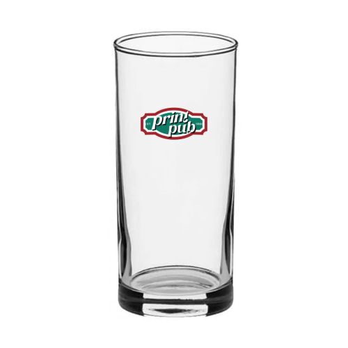 Longdrinkglas 27 cl. bedruckt mit mehrfarbigem PrintPub-Logo mittig auf der Vorderseite des Glases.