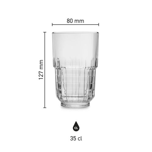 Maße des Longdrinkglas Tarq 35 cl. mit Höhe, Durchmesser und Fassungsvermögen in einer Infografik