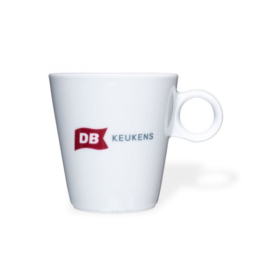 Lukas Cappuccino-Tasse, weiß, 19,5 cl, Porzellan, mit mehrfarbigem DB Keukens-Logo auf der Vorderseite