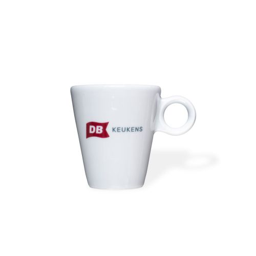 Lukas-Espressotasse, 7,5 cl, aus weißem Porzellan mit mehrfarbigem DB Keukens-Logo auf der Vorderseite