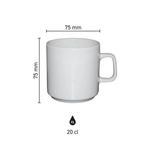 Größe der Margot-Tasse 20 cl Porzellan mit Höhe, Durchmesser und Fassungsvermögen in der Infografik