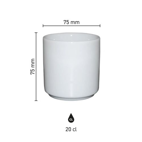 Größe des Bechers Margot ohne Ohr weiß 20 cl Porzellan mit Höhe, Durchmesser und Fassungsvermögen in Infografik