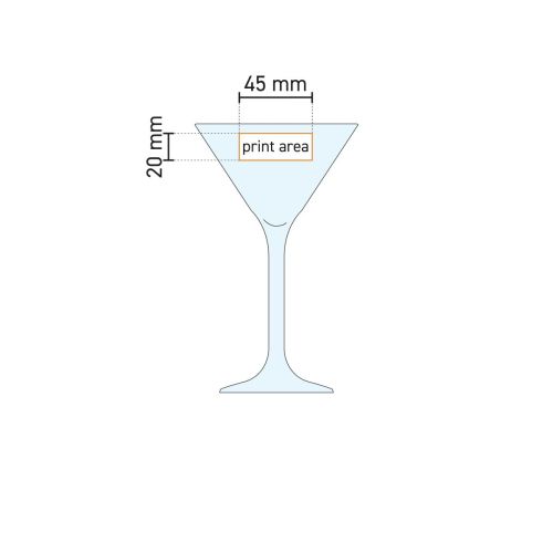 Technische Arbeitszeichnung mit Angabe der Druckfläche auf dem Martini-Cocktailglas 21 cl. Technische Arbeitszeichnung mit Angabe der Druckfläche auf dem Martini-Cocktailglas 21 cl.
