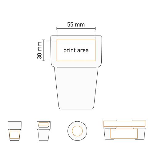 Technische Arbeitszeichnung der Milchtasse weiß 20 cl Porzellan mit Druckflächenanzeige