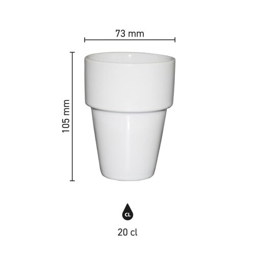 Maße der Milchtasse Weiß 20 cl Porzellan mit Höhe, Durchmesser und Fassungsvermögen in Infografik