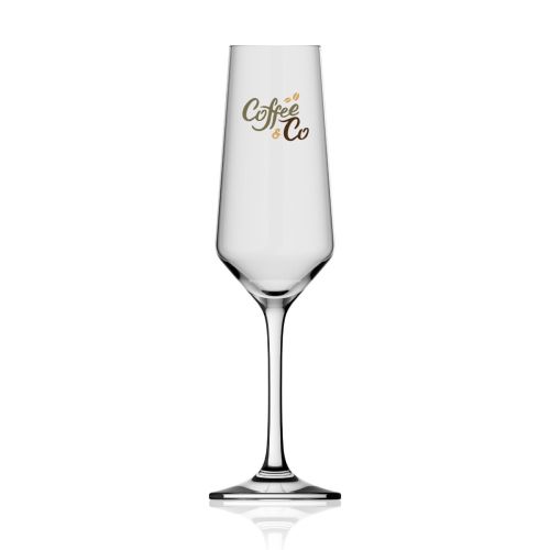 Die Vorderseite des Melody Sektglases 20 cl ist mit einem mehrfarbigen CoffeeCo Logo auf transparentem Hintergrund bedruckt.