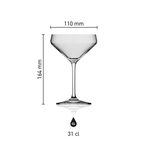 Die Infografik zeigt die Abmessungen des Melody Coupé-Glases 31 cl. im Detail, einschließlich Höhe und Durchmesser.