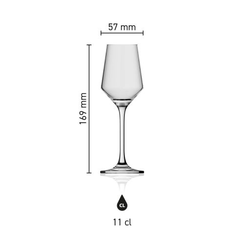 Infografik mit den Abmessungen des Likörglases Melody 11 cl, einschließlich Höhe und Durchmesser in Millimetern.