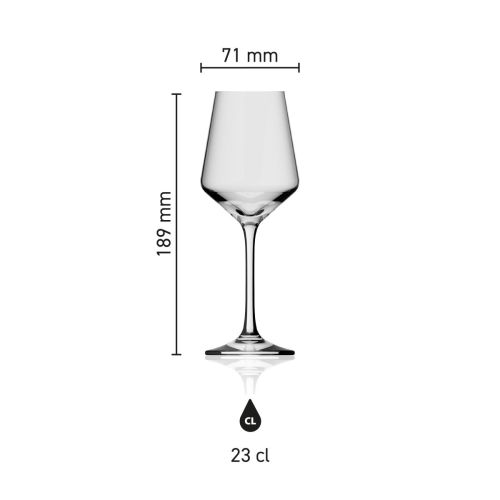 Infografik mit Größenangaben zum Melody Degustationsweinglas 23 cl. inklusive Höhe und Inhalt.