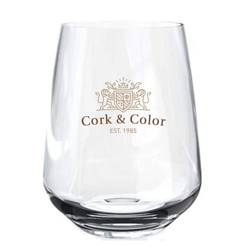 Glas Whiskyglas Mencia 47 cl. mit mehrfarbigem CorkColor-Logo auf der Vorderseite.