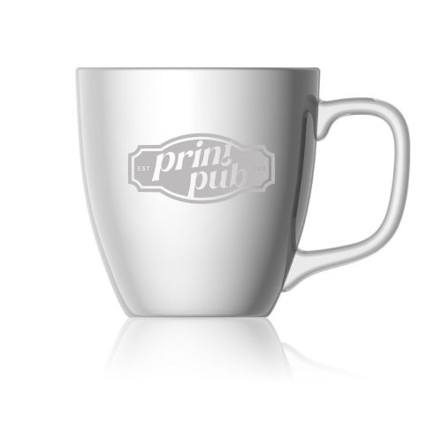 Mok Jumbo 42 cl. aus weißer Keramik mit eingraviertem PrintPub-Logo auf der Vorderseite