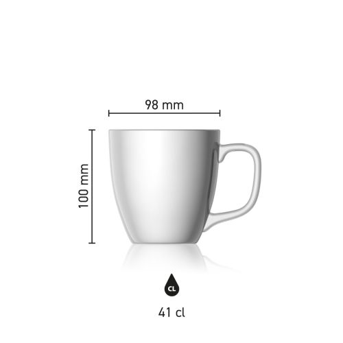 Maße des Mok Jumbo 42 cl. aus weißer Keramik mit Höhe, Durchmesser und Fassungsvermögen in einer Infografik