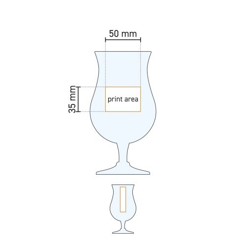 Technische Zeichnung des Panama Pokal 50 cl Zapfhahns aus Glas mit Druckbereichsanzeige