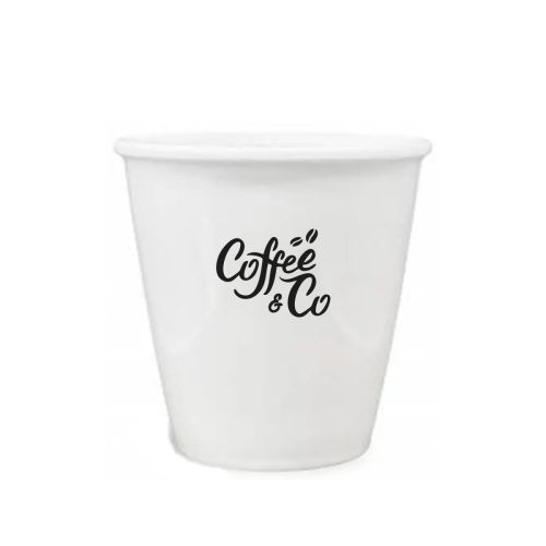 Weißer Porzelan Tasse 24 cl. Mit einfarbigem CoffeeCo-Logo auf der Vorderseite.