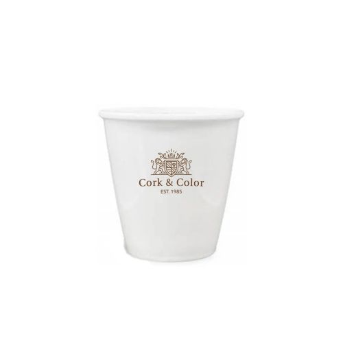 Pappbecher aus Porzellan Tasse 6 cl. mit einfarbigem CorkColor-Logo auf der Vorderseite.