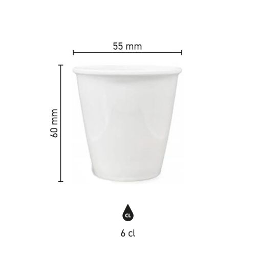 Infografik zeigt die Abmessungen des Porzellan Tasse 6 cl. einschließlich Höhe und Durchmesser.
