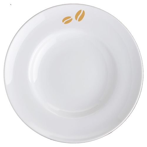 Vorderansicht des Porzellan-Nudeltellers Isabelle mit einfarbig gedrucktem CoffeeCo-Logo in der Mitte.