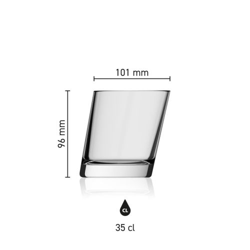 Maße des Pisa-Glases 35 cl mit Höhe, Durchmesser und Fassungsvermögen in einer Infografik