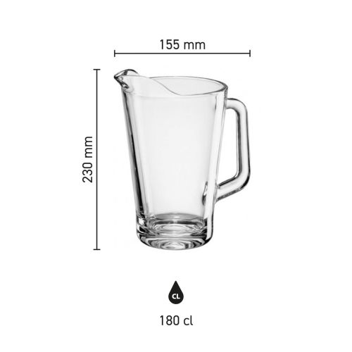 Infografik mit den Produktabmessungen des Pitcher Conic 1,8-Liter-Glases, einschließlich Höhe und Fassungsvermögen. Infografik mit den Produktabmessungen des Pitcher Conic 1,8-Liter-Glases, einschließlich Höhe und Fassungsvermögen.