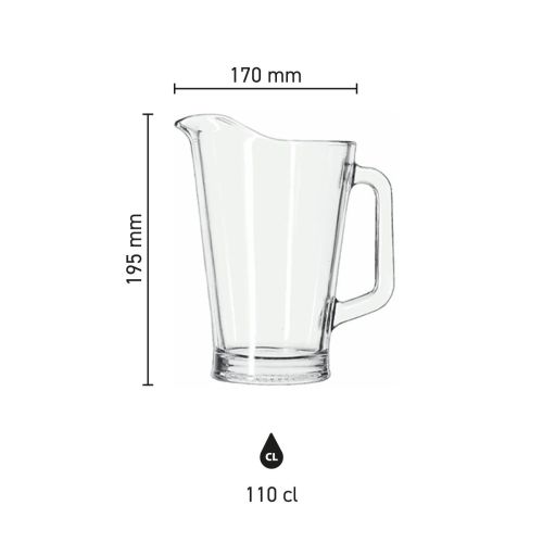 Die Infografik zeigt die Glasmaße des Libbey Kruges 1 Liter, einschließlich Höhe und Durchmesser.