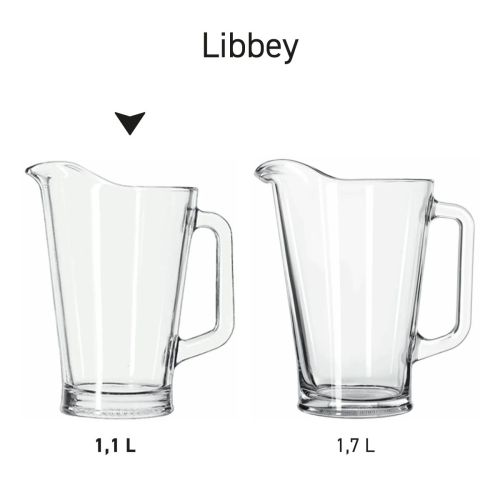 Übersicht über mehrere 1-Liter-Glaskrüge von Libbey, die als Produktserie präsentiert werden.