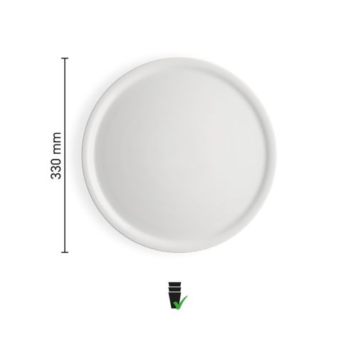 Infografik mit Abmessungen des weißen Pizzatellers Essentials 32 cm Porzellan, Durchmesser und Randhöhe visuell dargestellt