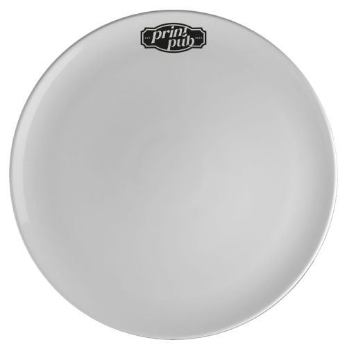 Weißer Pizzateller Isabelle, 34 cm, aus Porzellan mit einfarbigem PrintPub-Logo in der Mitte der Oberseite.