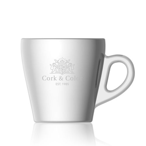 Pura Cappuccino Tasse 28 cl. aus Glas, mit eingraviertem CorkColor-Logo auf der Vorderseite