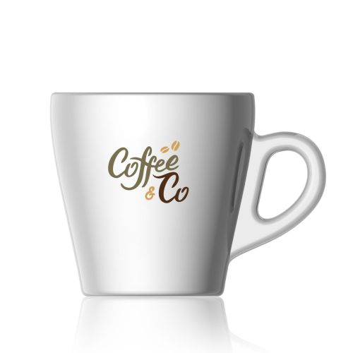 Pura Cappuccino Tasse 28 cl. aus Glas, mit mehrfarbigem CoffeeCo-Logo auf der Vorderseite
