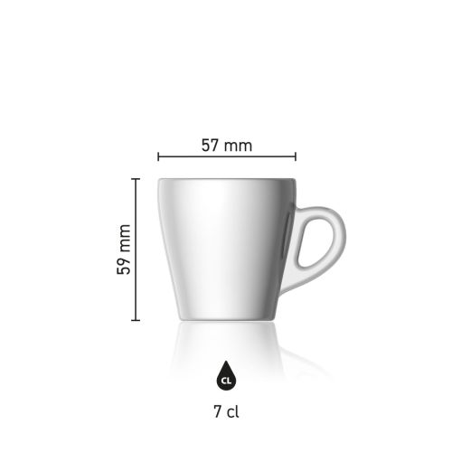 Maße der Pura Espresso Tasse 7 cl. mit Höhe, Durchmesser und Fassungsvermögen in einer Infografik