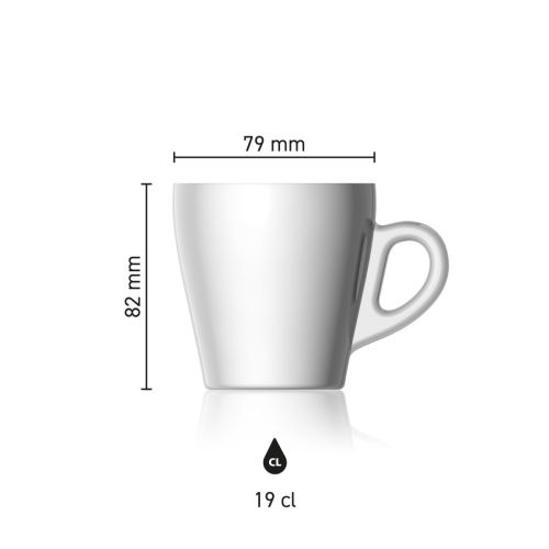 Maße der Pura Kaffeetasse 19 cl. mit Höhe, Durchmesser und Fassungsvermögen in einer Infografik
