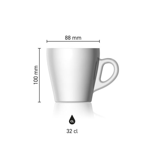 Pura Kaffeetasse 32 cl. aus Glas mit Höhe, Durchmesser und Fassungsvermögen in einer Infografik