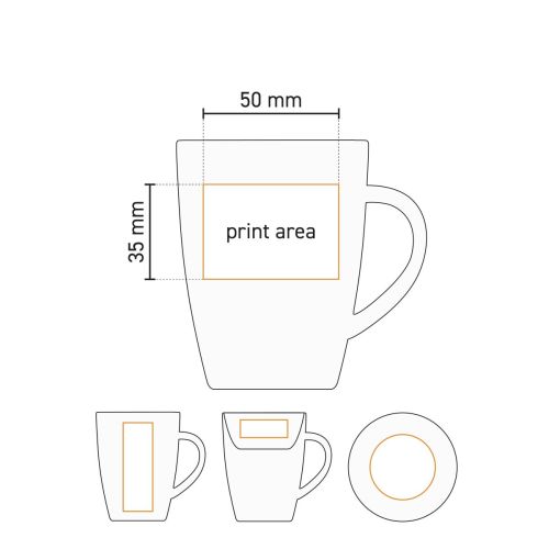 Technische Arbeitszeichnung mit Druckfläche für Robusta-Tasse 18 cl Porzellan. Technische Arbeitszeichnung mit Druckfläche für Robusta-Tasse 18 cl Porzellan.
