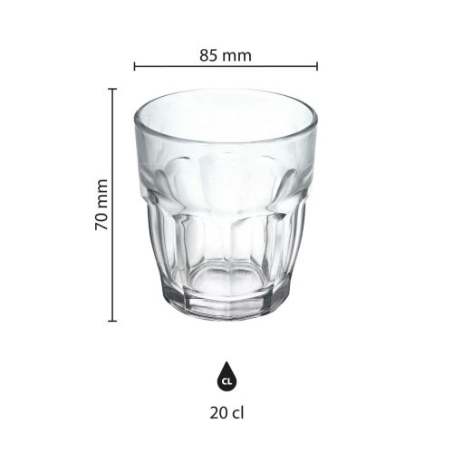 Die Infografik zeigt die Abmessungen des 20-cl-Glases Rockbar Tumbler, einschließlich Höhe und Durchmesser in Millimetern. Die Infografik zeigt die Abmessungen des 20-cl-Glases Rockbar Tumbler, einschließlich Höhe und Durchmesser in Millimetern.