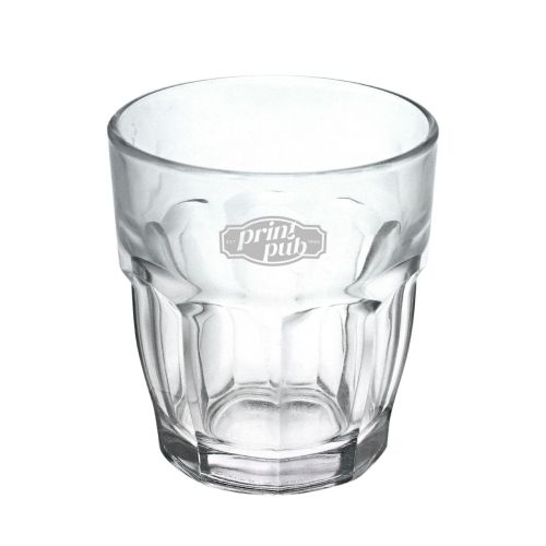 Rockbar Tumbler Glas 27 cl. mit eingraviertem PrintPub Logo auf der Vorderseite.
