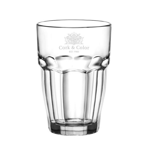 Rockbar Tumbler Glas 37 cl mit feiner Gravur des CorkColor Logos auf der Glaswand.