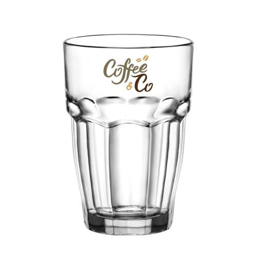 Rockbar Tumbler Glas 37 cl mit mehrfarbigem CoffeeCo Logo auf der Vorderseite.