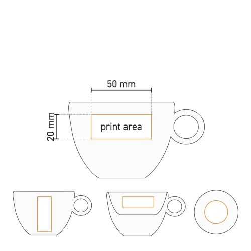 Technische Arbeitszeichnung von Rondo Cappuccino 20 cl. SET-Porzellan mit Druckflächenanzeige. Technische Arbeitszeichnung von Rondo Cappuccino 20 cl. SET-Porzellan mit Druckflächenanzeige.