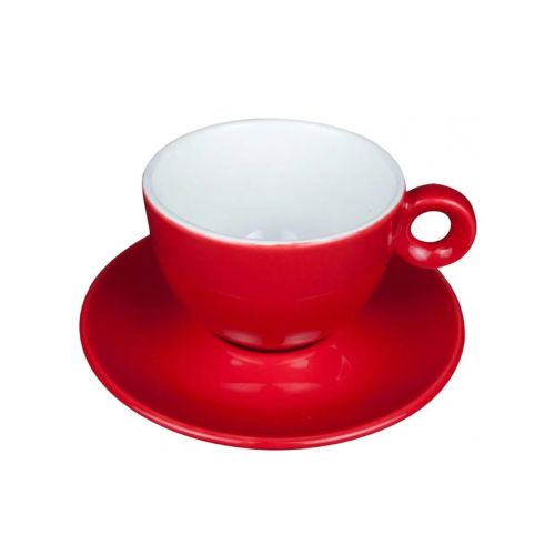 Rotes und weißes Rondo Cappuccino 20 cl. SET mit Tasse und Untertasse, direkt von vorne abgebildet. Rotes und weißes Rondo Cappuccino 20 cl. SET mit Tasse und Untertasse, direkt von vorne abgebildet.