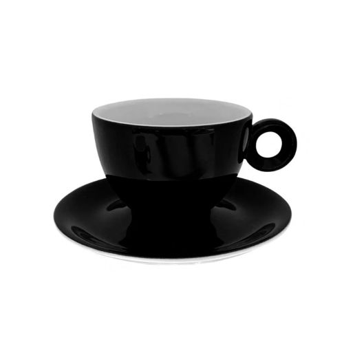 Schwarz-weißes Rondo Cappuccino 20 cl. SET mit Tasse und Untertasse, direkt von vorne abgebildet. Schwarz-weißes Rondo Cappuccino 20 cl. SET mit Tasse und Untertasse, direkt von vorne abgebildet.